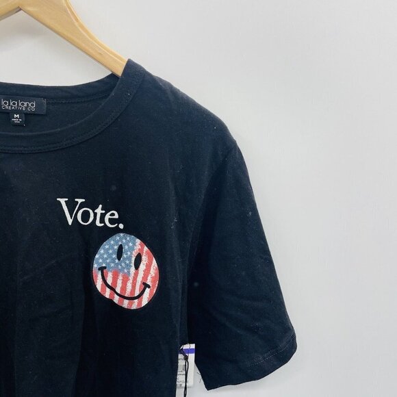 La La Land Creative Co Womens Medium Vote Tshirt Crop Top Happy Face Black 1203 - Picture 4 of 8
